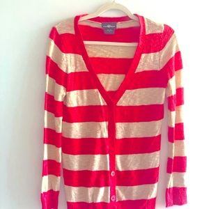It’s Our Time Coral and Cream Striped Long Sleeve Cardigan Sweater